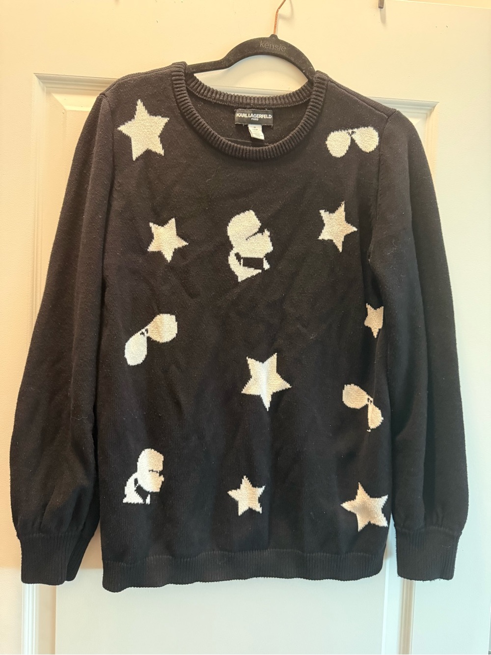 Karl Lagerfeld Black Crewneck Sweater with White Star & Icon Motif